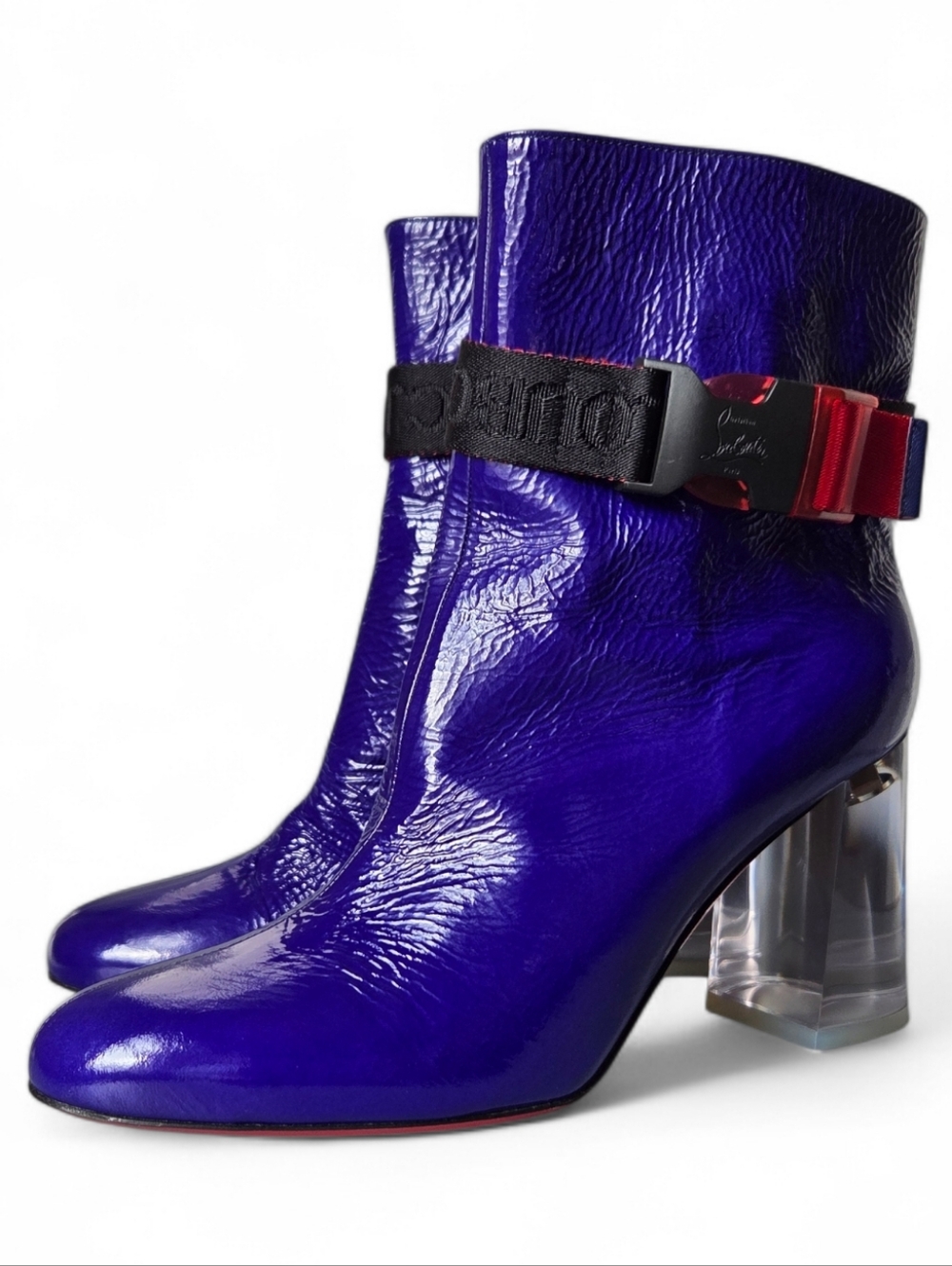 Christian Louboutin Telesiege 85 Patent Vogue Plexi Heel Ankle Boots Purple 37.5